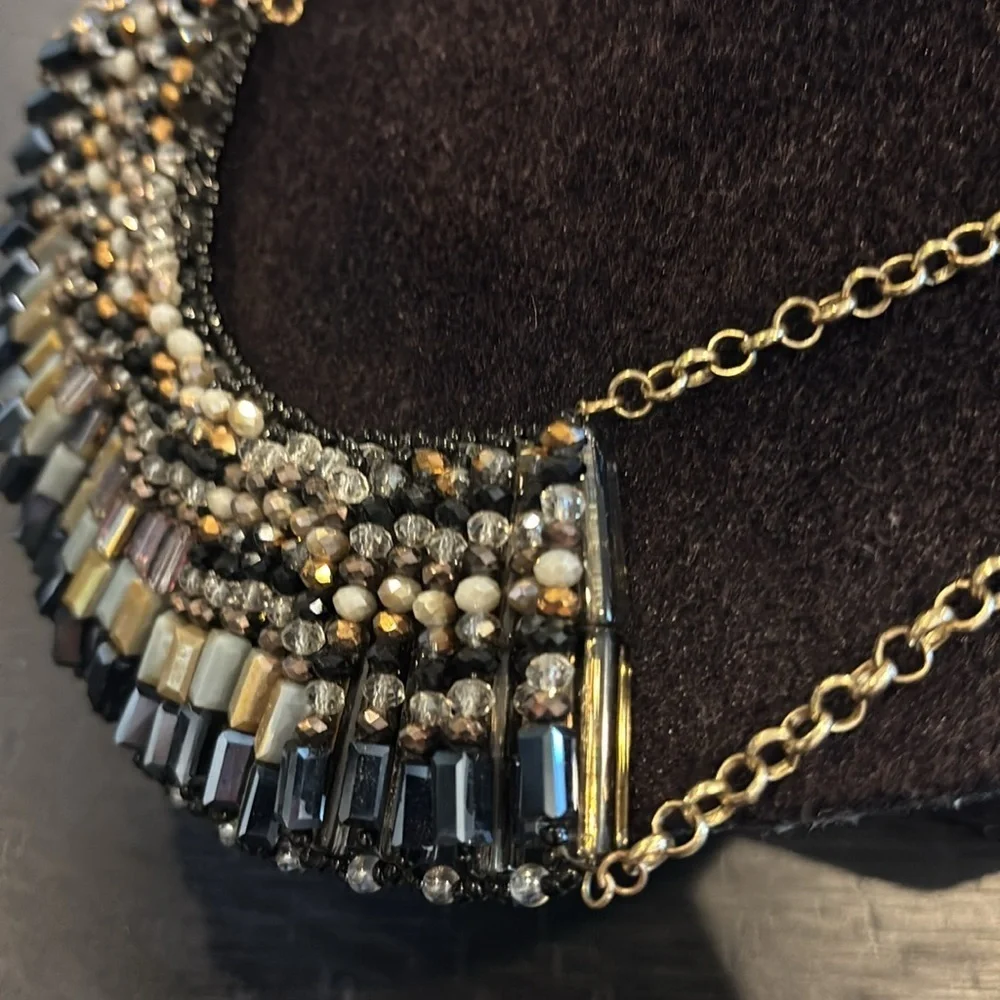 Bib Style Multicolor Beaded Gold Tone Statement Necklace Aurora Borealis AB​